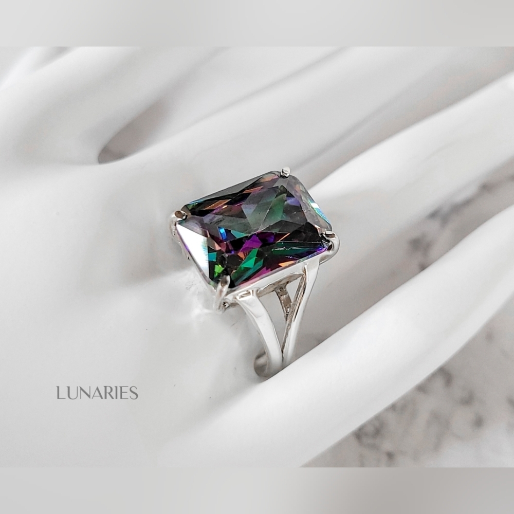 Rainbow Mystic Topaz Ring, 925 Sterling Silver, Emerald-Cut Size 9 - Picture 7 of 10